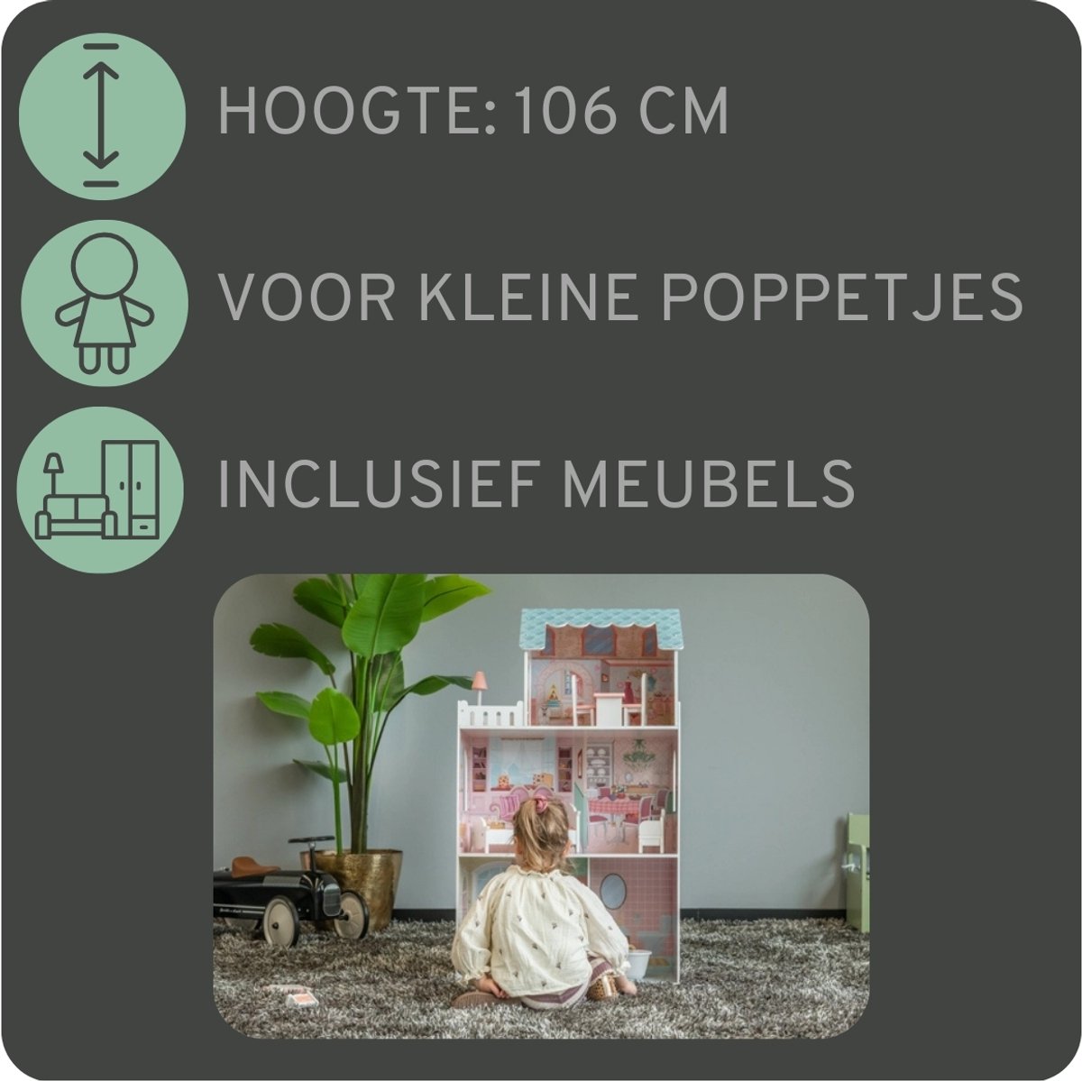 Bandits & Angels Houten Poppenhuis Roze/Blauw Angels City House vanaf 3 jaar 106 cm hoog - Inclusief 10 meubeltjes - Poppen Huis - Poppen Speelgoed — afbeelding 6