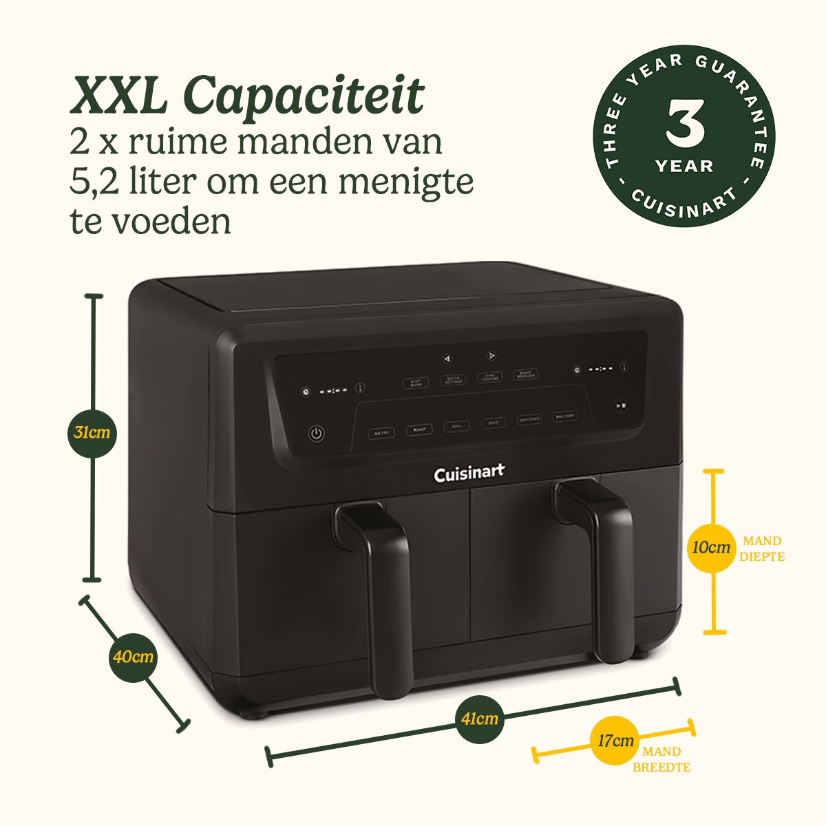 Cuisinart XXL Air Fryer, Sans PFAS, Cuisson sans produits chimiques, friteuse airfryer, Rôti, Gril, Patisserie, Déshydratation, Max Crisp, et Garder au chaud, Tiroirs doubles,2x5.2L