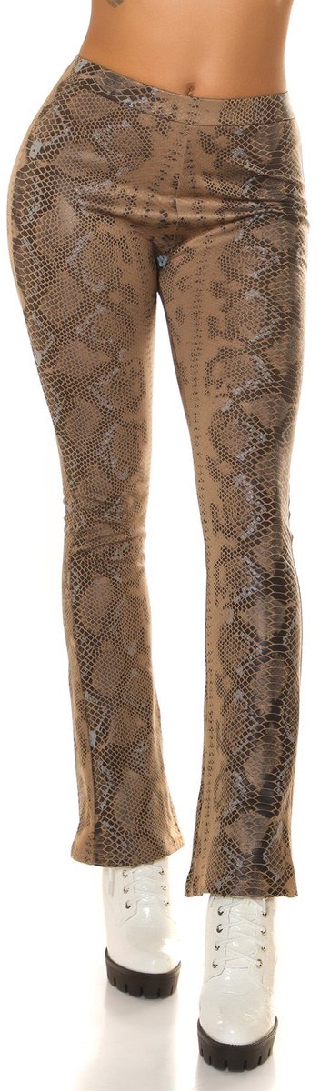 Slangenprint imitatieleren broek. Cappaccino