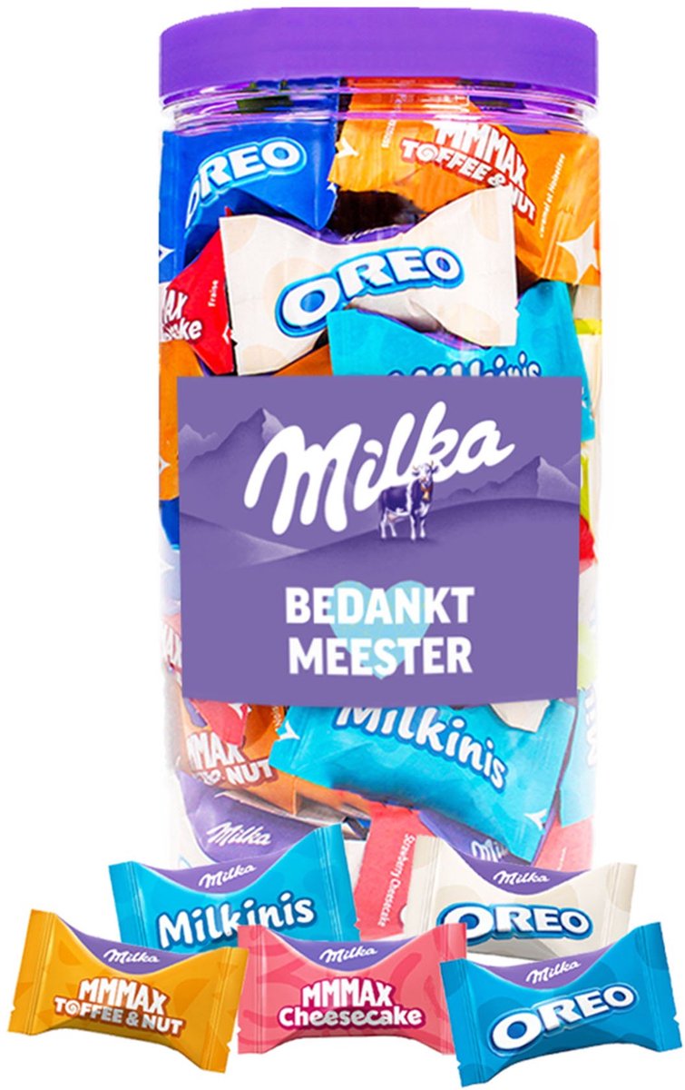 Milka Favourites chocolade "Bedankt meester" - cadeau voor meester - einde schooljaar - bedankt de leerkracht - chocoladecadeau - 5 smaken - 500g