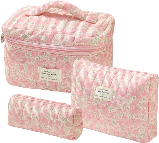 Skycases Travel Essentials - Set de trousse de Maquillage 3 pièces - Katoen respectueux de Eco - Rangement pour sièges-auto floraux rembourrés - Spacieuse, durable et idéale pour les Voyages