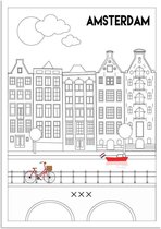 DesignClaud Amsterdam - Grachten - Fiets - Gevels - Amsterdam poster - Zwart wit rood A4 + Fotolijst wit