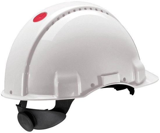 Witte veiligheidshelm met rode stip, ventilatie en draaiknop.