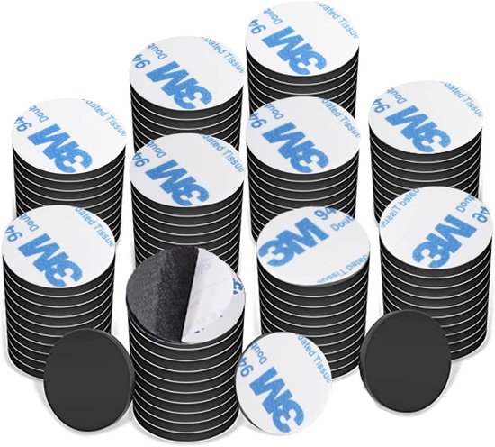 Stapeljes zwarte ronde magneten met 3M dubbelzijdige tape aan de achterkant.