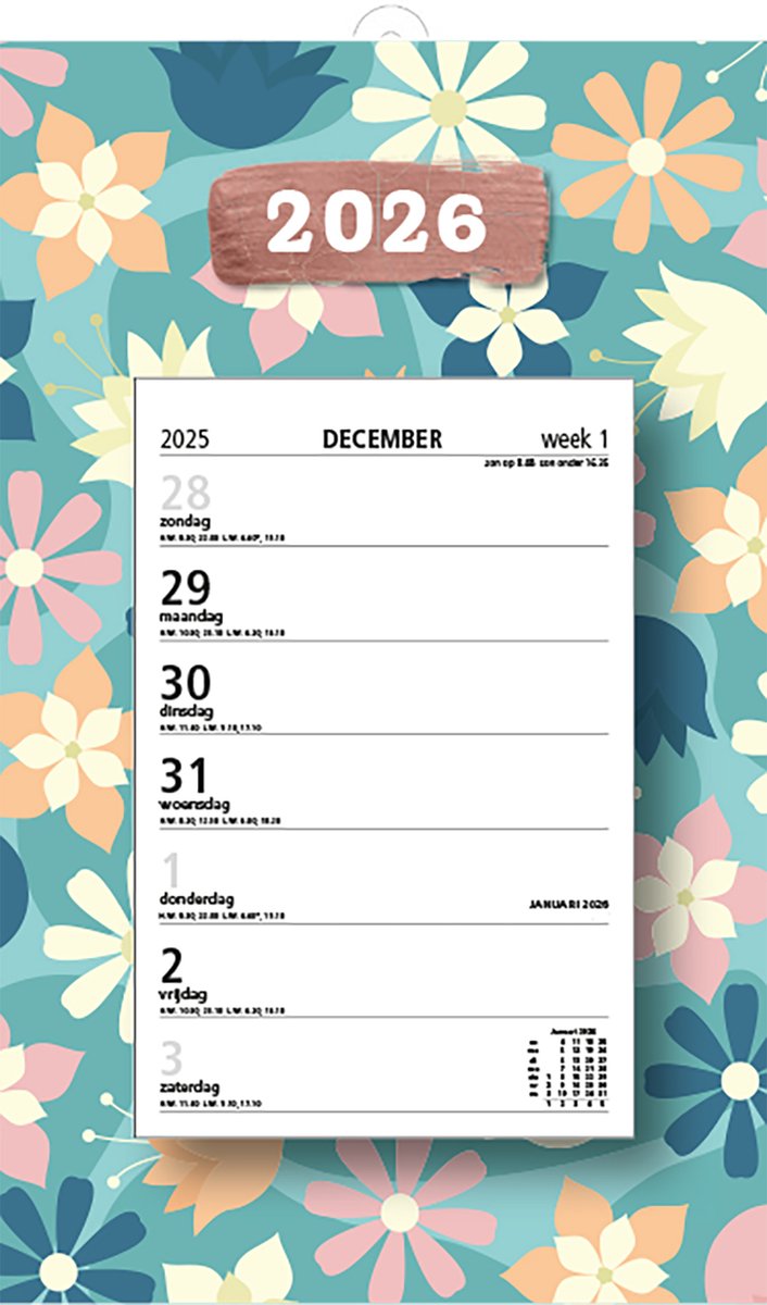 MGPcards - Week Scheurkalender 2026 - Week begint op zondag - 21 x 34 cm - Bloemen - Blauw