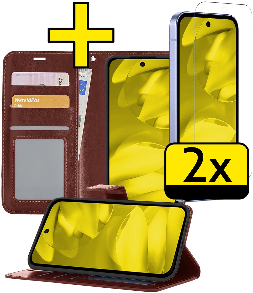 Hoesje - Met 2x Screenprotector - Geschikt voor Google Pixel 9a - Luxe Pasjeshouder - Bookcase Portemonee - Flip Case - Kunstleer Book Case - Flipcase Hoes - Book Cover - Walletcase - Portemonneehoes - Telefoonhoesjes - Bruin