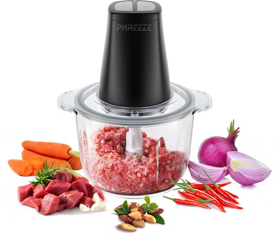 Foto: Phreeze hakmolen met glazen kom 2l 500w food chopper xl 4 messen rvs