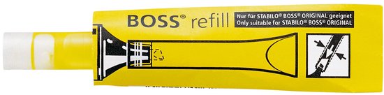 Gele tube met 'BOSS refill' in zwarte letters, bedoeld voor het bijvullen van STABILO BOSS ORIGINAL markeerstiften.