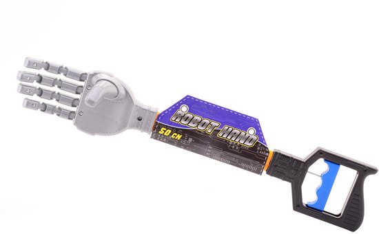 Grijphand van 50cm met robotarm en blauw handvat, op de verpakking staat 'Robot Hand'.