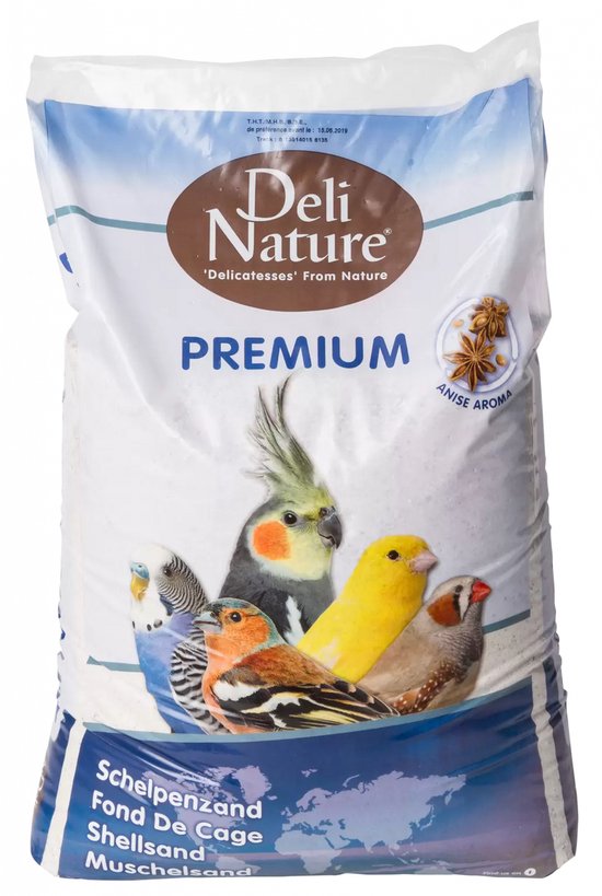 Deli Nature Premium schelpenzand met een afbeelding van verschillende vogels en steranijs.