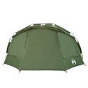 Olijfgroene tent, op wit, met rode accenten bij de haringen en openingen.