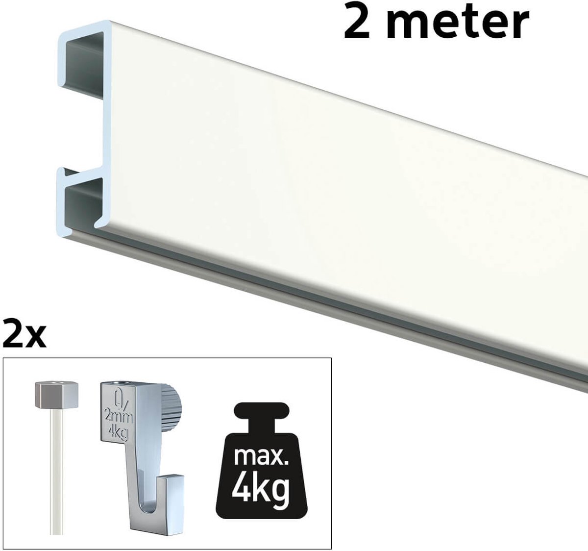 Artiteq Schilderij Ophangsysteem 2 meter All-in-one Click Rail 4kg / Wit RAL 9010