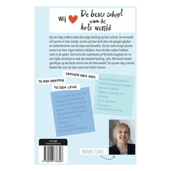 Achterkant boek met tekst en foto van auteur Manon Sikkel.