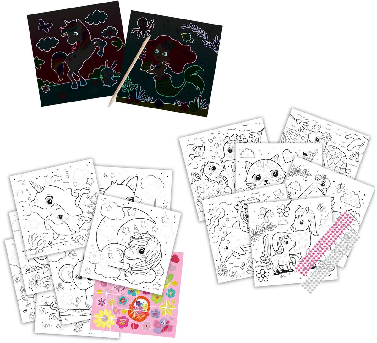 SES Creative - Doe kleurboek glitter 3 in 1 - glitter scratch, diamond painting en kleurplaten - met glitters stickers en houten scratch pen – kleurboek voor kinderen — afbeelding 6