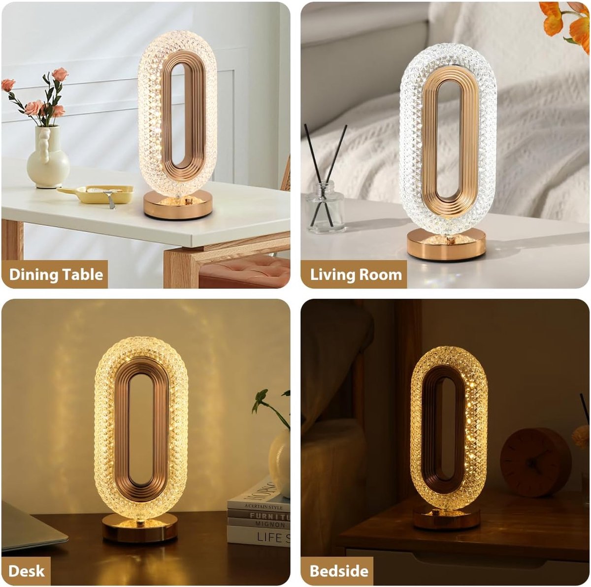 100pcs，Tafellamp, traploos dimbare touchlamp met 3 kleuren, oplaadbaar nachtlampje met USB-poort, moderne ovale kristallen lamp voor op het nachtkastje, bureau, slaapkamer, woonkamer, woondecoratie thumbnail 5