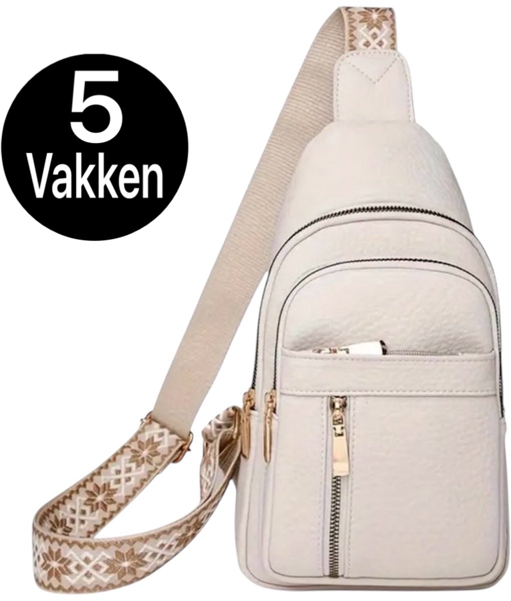Twenty Two™ Crossbodytas voor dames | PU-Leer schoudertas met ritsen| anti-diefstalvak |5vakken| gouden hardware| slingbag | met verstelbare riem | casual/retro stijl| schoudertas dames | festival tasje |voor op reis, dagelijks gebruik | beige/creme