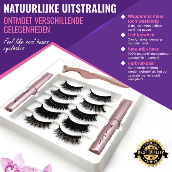 Set met 5 paar natuurlijke, herbruikbare magnetische wimpers en twee magnetische eyeliners.