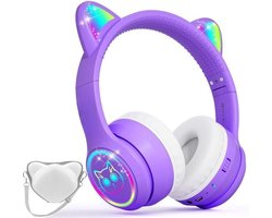 StayPowered Kinder Bluetooth Hoofdtelefoon - Perfect voor School & Reis - Veilig Volumeniveau - Heldere Geluidskwaliteit - met LED - Draadloos & Bekabeld - Versterkt Materiaal - Lange Batterijduur - Paars/Wit - Levering Sneller dan Aangegeven!