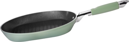 Groene grillpan met ribbels aan de binnenkant en een lichtgroene handgreep, op witte achtergrond.