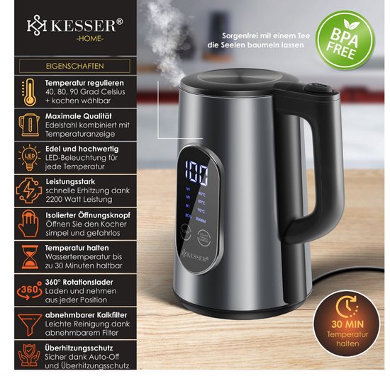KESSER® Waterkoker 2200W met Temperatuur LED-verlichting - 1,7L RVS
