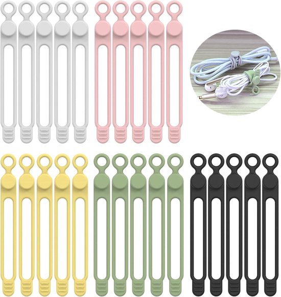Clips de câble - 25 attaches de câble en Siliconen - Organisateur de gestion de câbles réutilisable/attaches de câble/attaches de cordon/organisateur de cordon élastique multifonctionnel