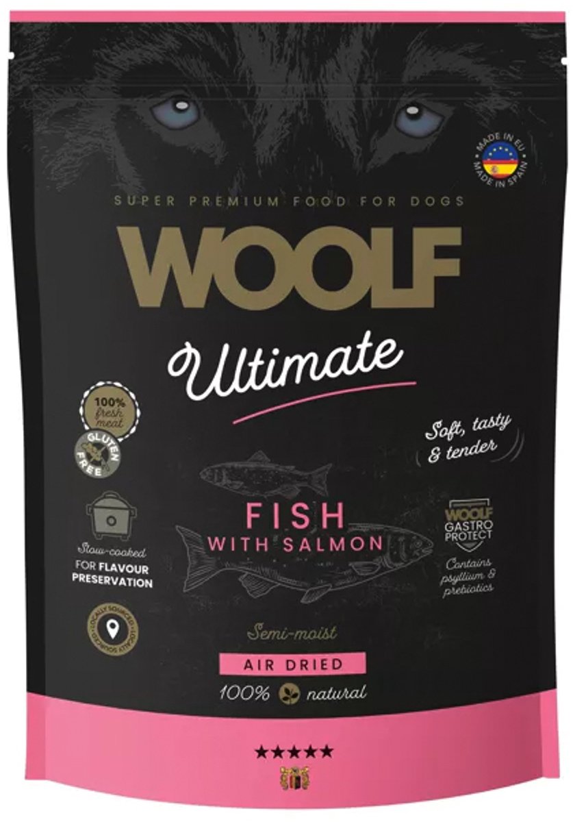 Woolf ultimate hondenvoer Vis met zalm - 1 kg 55%vis - 20% eend - 10% kalkoen - semie moist - 100% naturel - met prebiotica- ideaal voor hondjes met slecht gebit