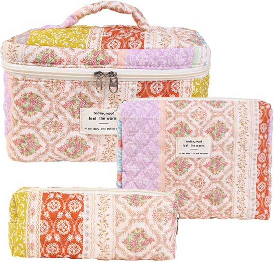 Skycases Travel Essentials - 3-delige Make-up Tas Set - Eco-vriendelijk Katoen - Gewatteerde Gebloemde Organizers - Etui Toilettasje - Toiletzak voor Dames - Ruim, Duurzaam en Ideaal voor Reizen