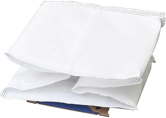 Deux sacs à poussière blancs avec des bords cousus sur fond blanc.