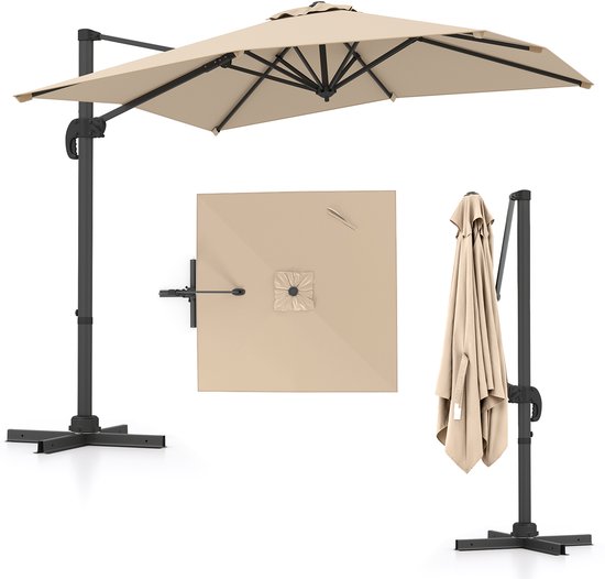 COSTWAY Parasol, rechthoekig, 250 x 250 cm, grote zweefparasol met zwengel, kantelbaar, 360 graden draaibaar, terrasparasol, marktscherm voor tuin, terras, balkon, beige