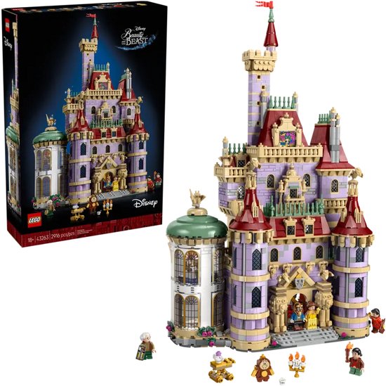 LEGO Disney Belle en het Beest Kasteel 43263 bouwpakket, paars kasteel met torens en minipoppen.
