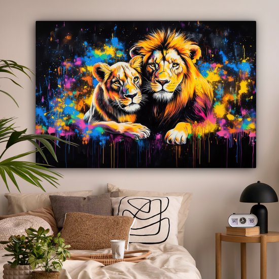 Tableau sur toile 180x120 cm - Décoration murale Lions - Tableau - Couleurs - Décoration murale salon - Décoration chambre - Accessoires chambre - Peintures sur toile