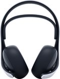 Zwarte gaming headset met witte hoofdband, van de voorkant bekeken.