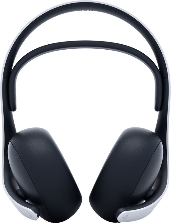 Zwarte gaming headset met witte hoofdband, van de voorkant bekeken.