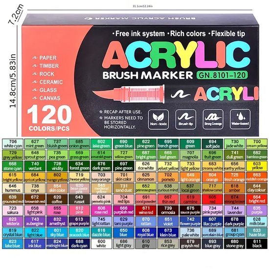 K&R Acrylic brush marker - 120 kleuren - volwassen en kinderen - tekenset - niet giftig - sterke dekking - op water basis -