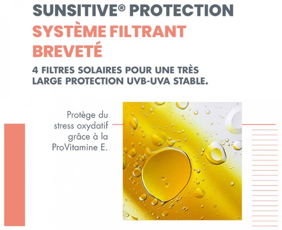Afbeelding van een gele vloeistof met oliedruppels en waterdruppels, met tekst over "Sensitiv protection", "Système filtrant breveté" en "4 filtres solaires pour une très large protection UVB-UVA stable".