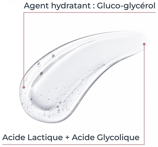 Transparante gel met bubbels, met de tekst 'Agent hydratant : Gluco-glycerol' en 'Acide Lactique + Acide Glycolique'.