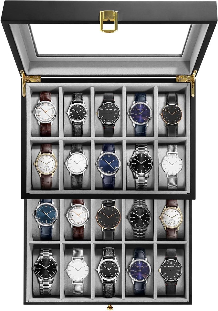 Horloge Box 20 vakken 2-laags met glazen deksel voor mannen en vrouwen