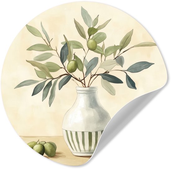 WallCircle® - Papier peint cercle 120x120 cm - Stickers muraux Vase - Céramique - Rameaux d'olivier - Cercle mural salon - Cercle mural chambre - Décoration de chambre autocollante - Accessoires de Décoration murale XXL