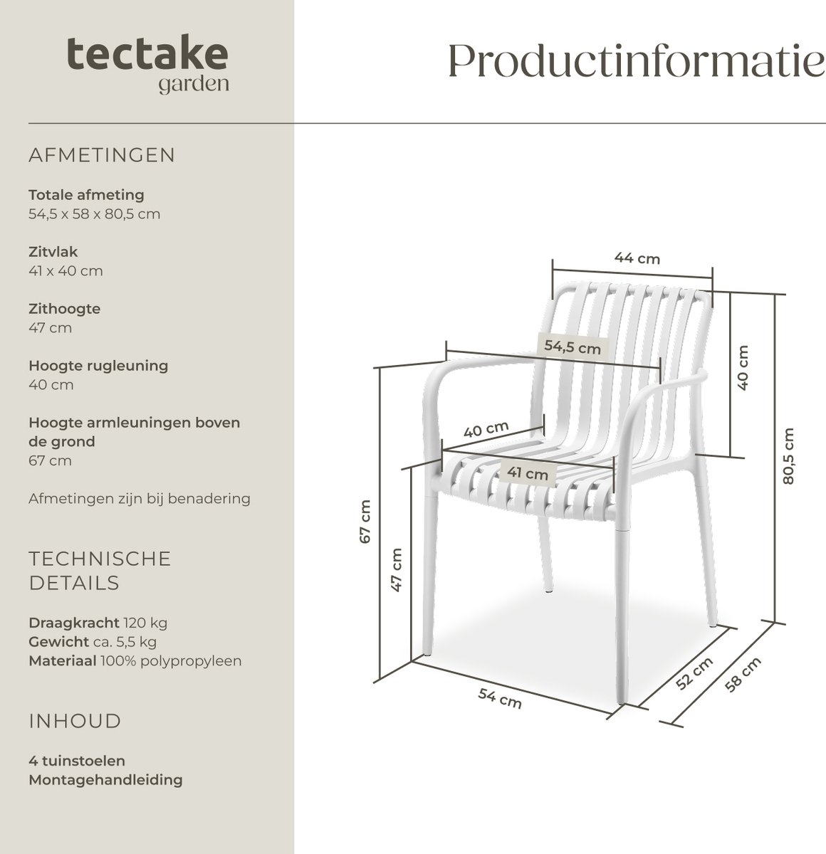 tectake® Set van 4 Tuinstoelen Alcudia - Creme - Kunststof Stoelen met Armleuning - Tuinset voor om de Tuintafel of op de Camping - Stapelbaar - Stoelen voor Tuin, Terras of Balkon - Weerbestendig en UV-bestendig - Draagkracht 120kg per Tuinstoel – foto 8