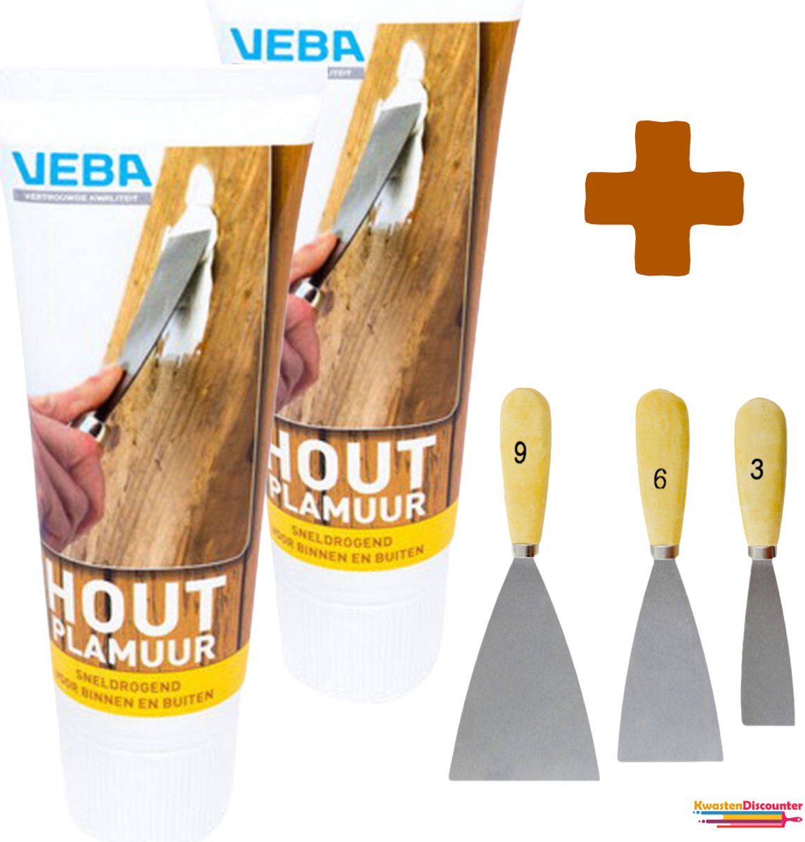 Houtplamuur - houtvuller - 2 x 400gram + KD Plamuurmes Set 3-Delig (3cm, 6cm, 9 cm)