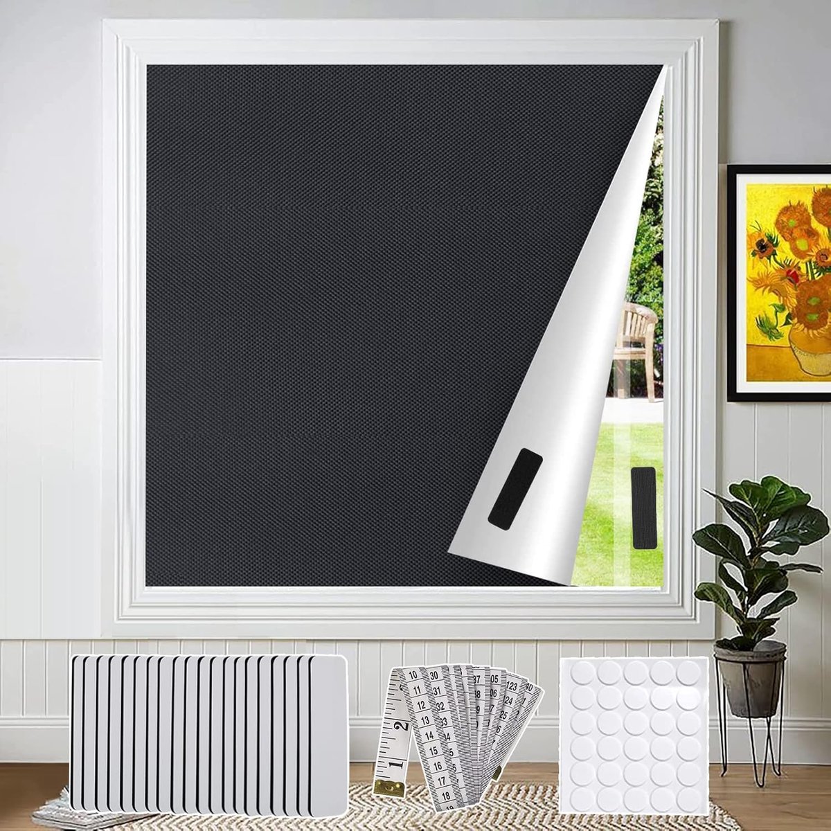 Verduisteringsstof 300×145cm - Tijdelijke Verduisteringsgordijnen - Draagbare Verduisterend Rolgordijn - Zachte Liniaal - 20 Klittenband - 30 Zelfklevende Tapes