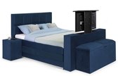 Sommier électrique Sweet Sleep complet - 160 x 210 cm - Avec 2 Poufs, élévateur TV, canapé-lit avec rangement et tête de lit 8 panneaux - Blauw Monolithe