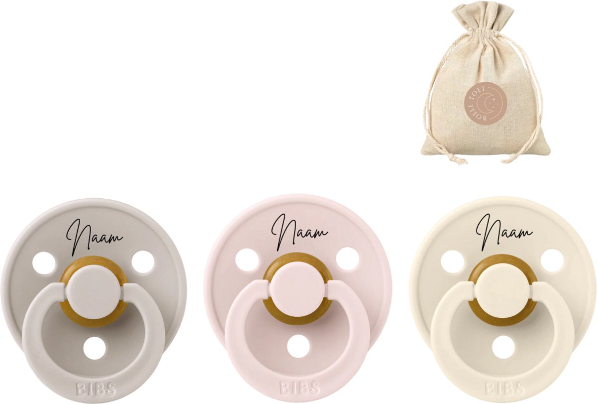 Image of 3 BIBS spenen met naam rond maat 1: mushroom, petal en ivory + BolleToet speenzakje - fopspenen