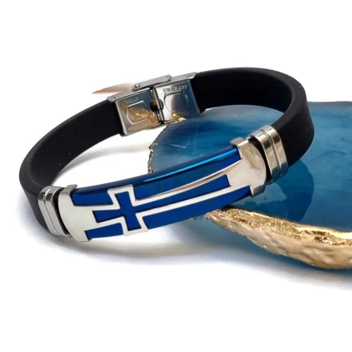 Aramat Jewels | Armbanden | Stoere Blauwe Siliconen Armband met Rvs Plaat | | | |10mm | Silicone | Volwassenen | Verkleurd niet