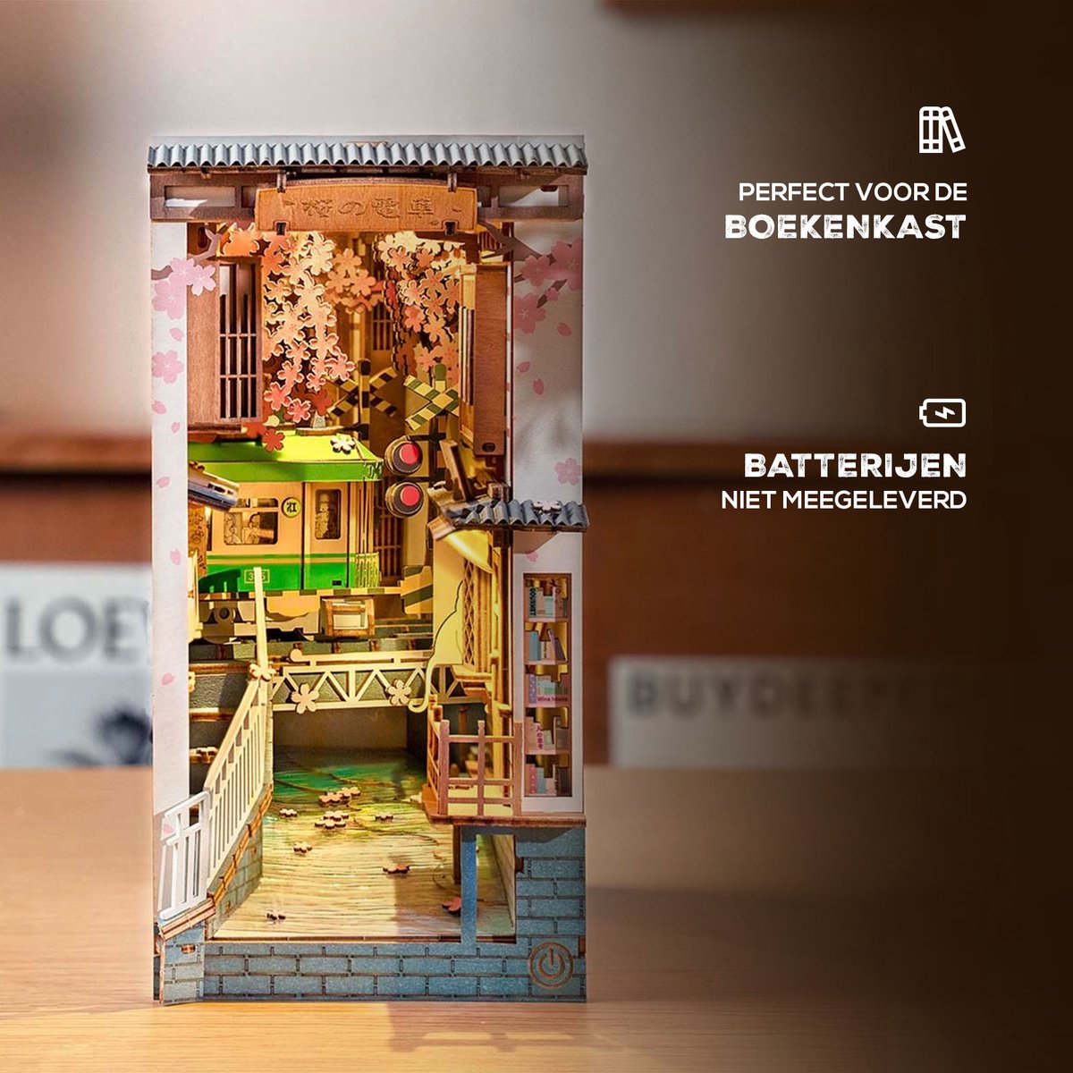 Robotime Book Nook Shelf Insert - Miniatuurhuisje Tokyo Trein met Ledverlichting - 340 stukjes - 3d Houten Puzzel - 18.5 x 10 x 24.2 cm - Boekenhouder - Bouwpakket voor Volwassenen en Kinderen - DIY - Sakura Densya — afbeelding 6