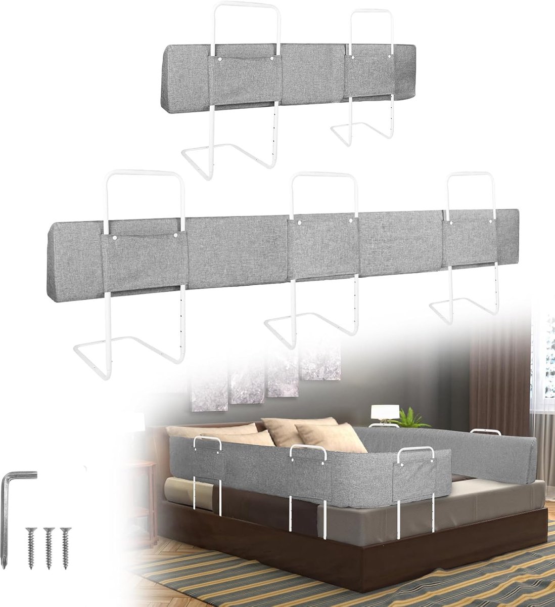 NAIZY Bedhek 150 cm Extra lang bedhek voor kinderen 5-gats in hoogte verstelbare bedrandbescherming Vervormbaar flexibel kinderbedhek, voor kinderbedden en gezinsbedden (grijs)
