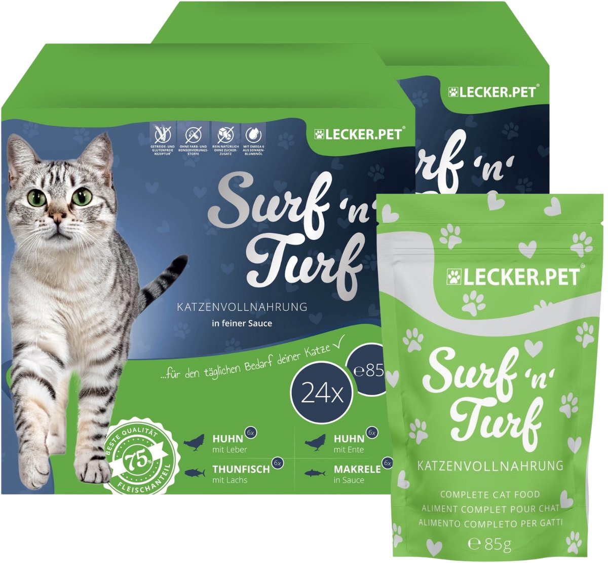Lyra Pet 85 g Lecker.Pet® Surf'n'Turf Pouches kattenvoer in fijne saus natvoer - 4 soorten multipack