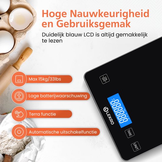Lekro Digitale Precisie Keukenweegschaal – Weegschaal Keuken - 1gr-15kg – Tarra Functie - Zwart