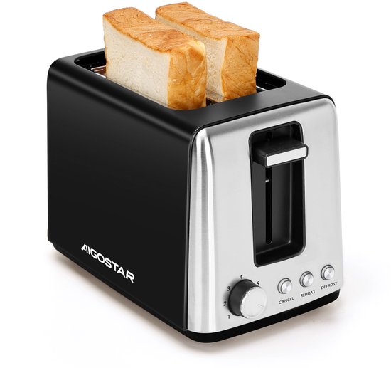 Aigostar 30A49 Delish - Broodrooster - Toaster - 2 Extra Brede Sleuven - 7 Warmteniveaus - Met Externe Grill - Reheat en Ontdooi-functie - 750W - Zwart