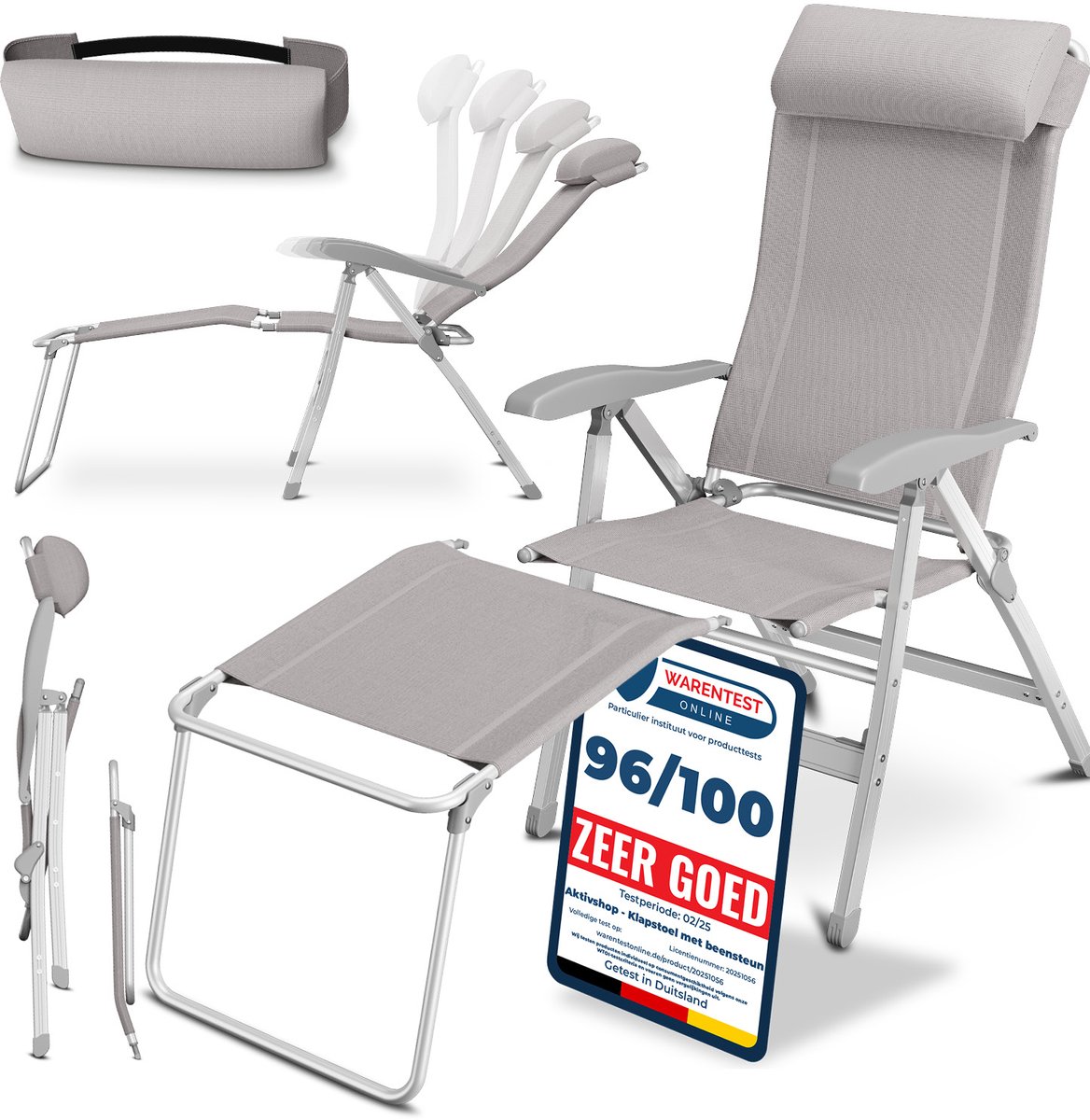 ELONEO Opvouwbare Campingstoel met Afneembare Voetensteun - Comfortabele Aluminium Ligstoel voor Tuin en Balkon met Verstelbare Rugleuning (Taupe)